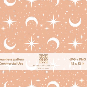 May include: A seamless pattern with a peach backdrop, adorned with white crescent moons, stars, and small dots. The image includes the text "Seamless pattern Commercial Use" and "JPG + PNG 12 x 12 in".