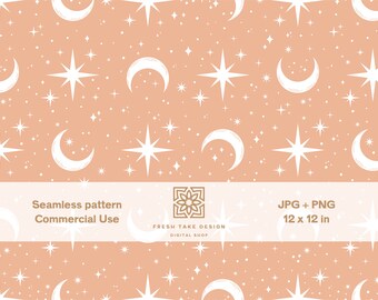 Patrón sin costuras rosa con lunas y estrellas, papel digital boho con licencia de uso comercial estándar