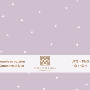 Op de afbeelding: Een naadloze patroon digitale download met een lichtpaarse achtergrond met witte harten verspreid over de hele achtergrond. De tekst "Seamless pattern Commercial Use" staat onderaan de afbeelding. De tekst "JPG + PNG 12 x 12 in" staat rechtsonder in de afbeelding.