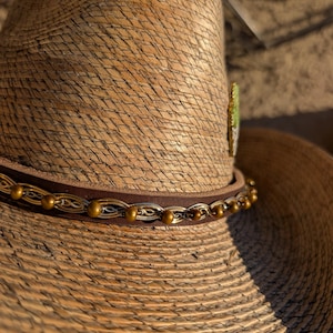 Leather and Bronze Pearl unique hand braided hat band, with leather tie cord