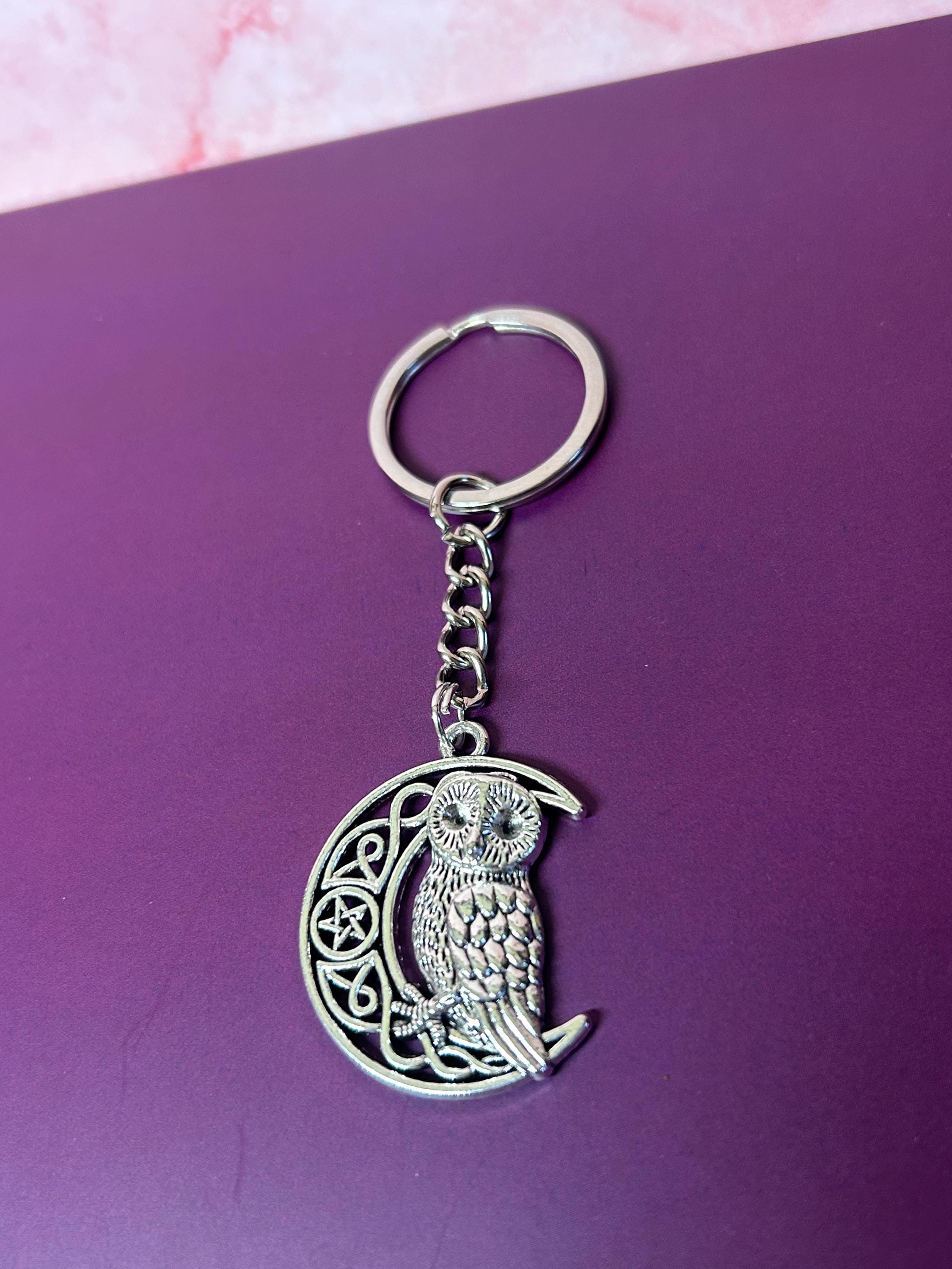 Owl Moon Keyring Owl on the Crescent Moon Keychain Owl Keyring Moon Keyring Witchy Keychain