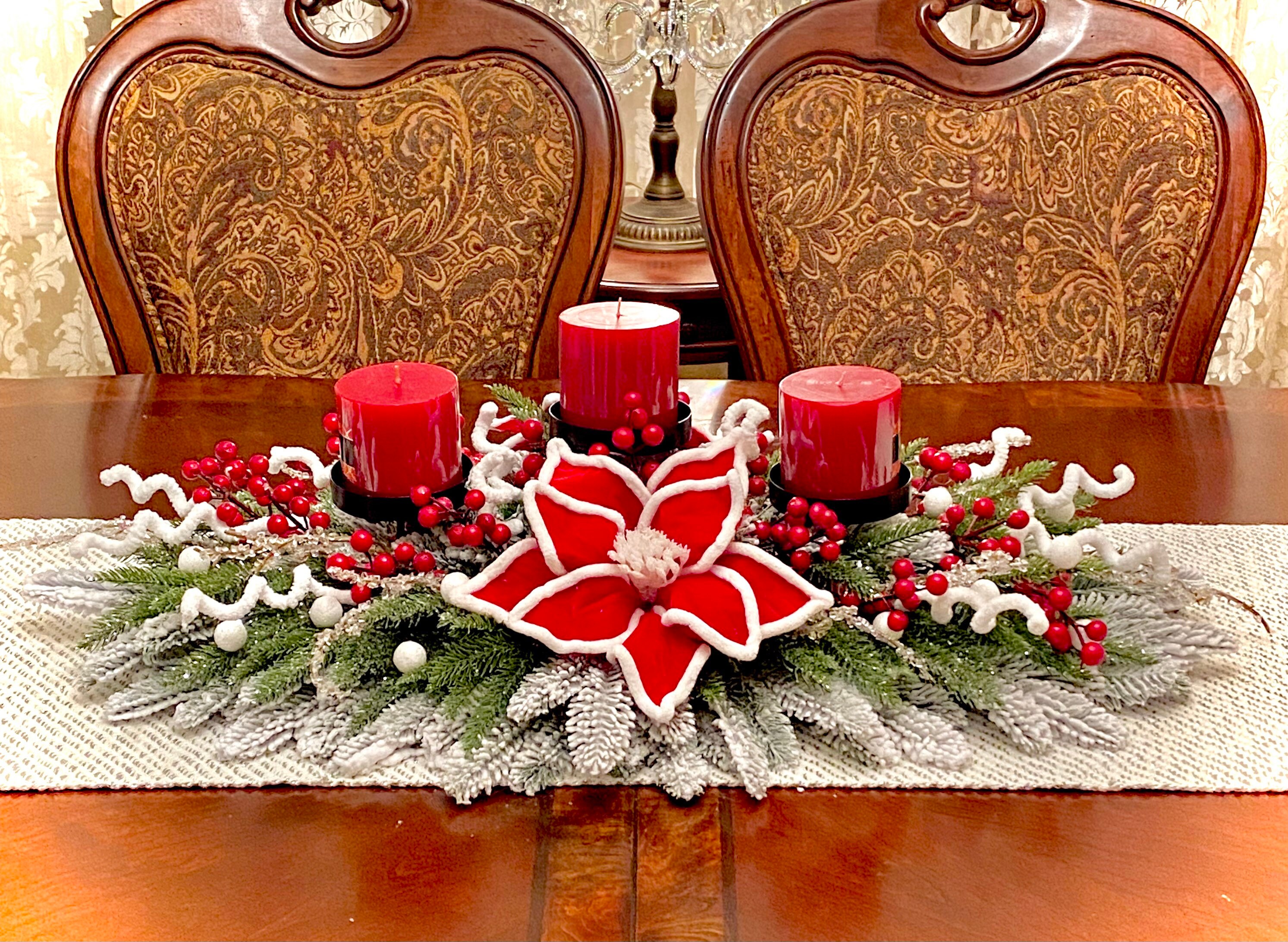 Christmas Centerpiece Table Arrangement Red Berries Flocked Etsy
