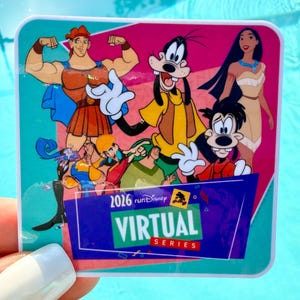 May include: A square sticker featuring cartoon characters Hercules, Goofy, Max, and Pocahontas. The sticker has a teal border and a pink background. Text on the sticker reads "2016 runDisney VIRTUAL SERIES."