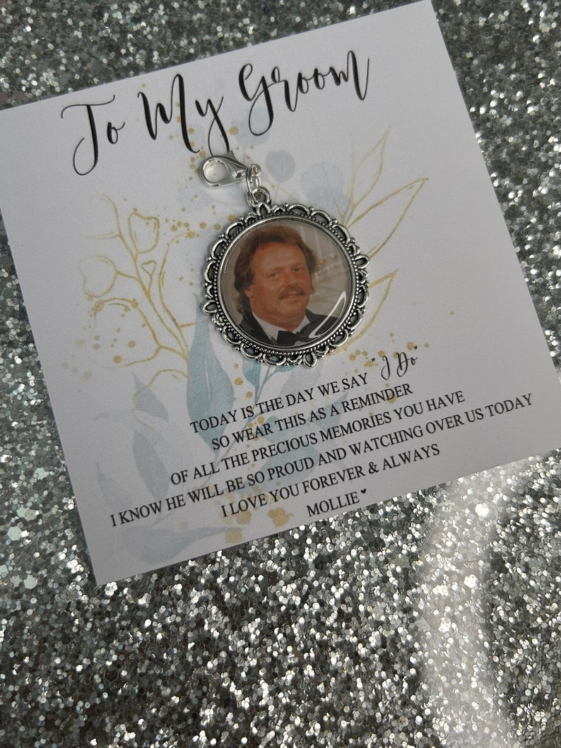 Personalised To My Groom Memorial Photo Bow Charm Pin/Gift For Groom/Him/Heaven/Wedding Gift/Memory/Remembrance/Loved/Walking Down The Aisle image 2