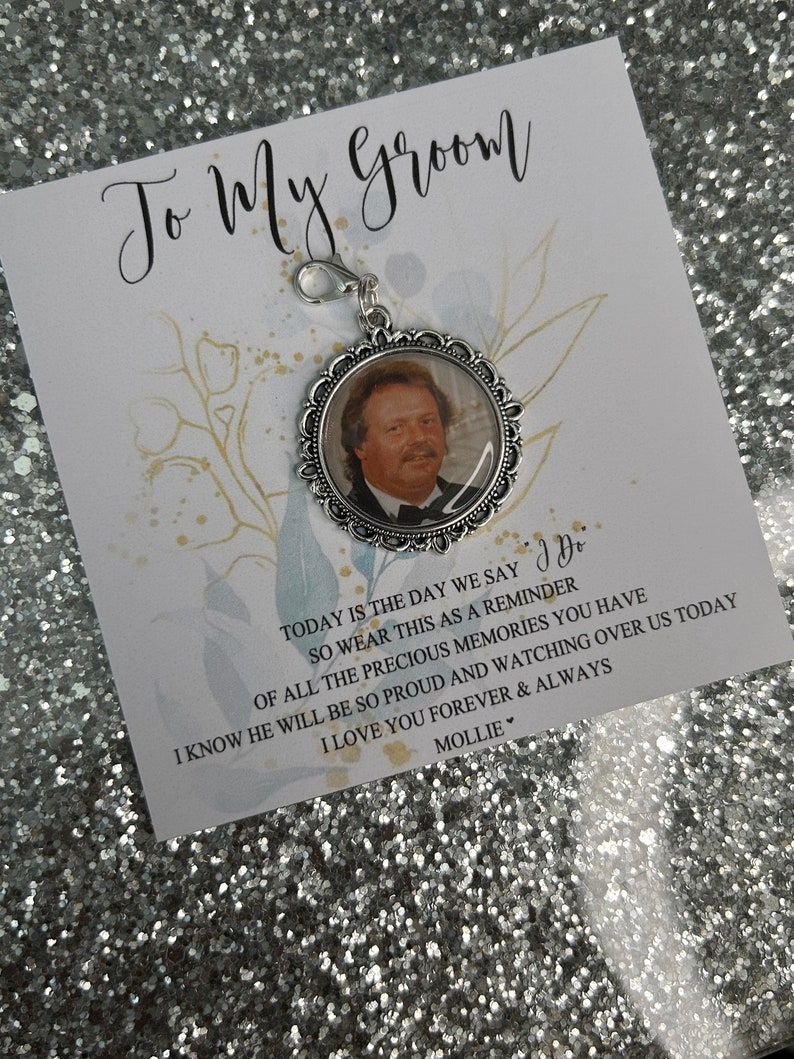 Personalised To My Groom Memorial Photo Bow Charm Pin/Gift For Groom/Him/Heaven/Wedding Gift/Memory/Remembrance/Loved/Walking Down The Aisle image 5