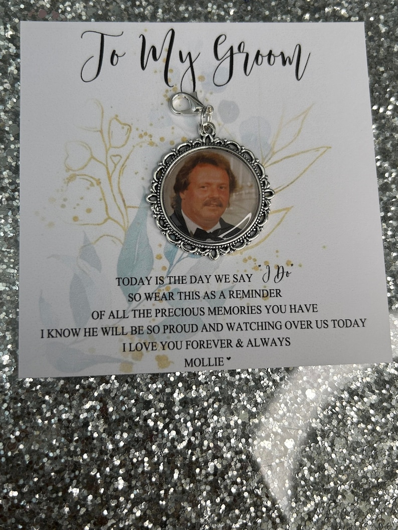 Personalised To My Groom Memorial Photo Bow Charm Pin/Gift For Groom/Him/Heaven/Wedding Gift/Memory/Remembrance/Loved/Walking Down The Aisle image 4