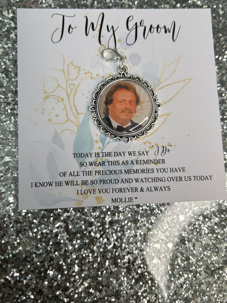 Personalised To My Groom Memorial Photo Bow Charm Pin/Gift For Groom/Him/Heaven/Wedding Gift/Memory/Remembrance/Loved/Walking Down The Aisle image 7