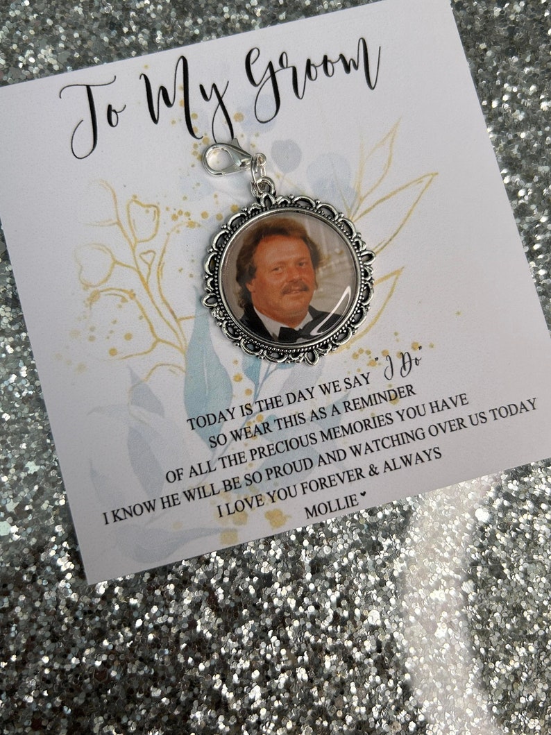 Personalised To My Groom Memorial Photo Bow Charm Pin/Gift For Groom/Him/Heaven/Wedding Gift/Memory/Remembrance/Loved/Walking Down The Aisle image 1