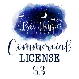 May include: A watercolor illustration of a night sky with stars and a crescent moon. The text "Bat House Designs" is written in white with dripping paint. Below the illustration, the text "Commercial LICENSE $3" is written in black.