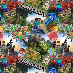 May include: A colourful collage of Minecraft characters, blocks, and items. The image features the Minecraft logo, a pickaxe, a pig, and a creeper.