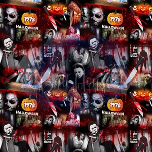 Peut inclure: Un collage d'images du film d'horreur Halloween de 1978. Le collage présente le tueur emblématique Michael Myers, le générique du film et diverses scènes du film. Les images sont disposées de manière chaotique et sanglante, créant une ambiance de suspense et de terreur.