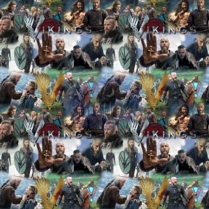 Op de afbeelding: Een collage van afbeeldingen met personages uit de tv-serie Vikings. De afbeeldingen zijn in een rasterpatroon gerangschikt en bevatten scènes van gevechten, vieringen en het dagelijks leven. De tekst "VIKINGS" staat in het midden van de collage.