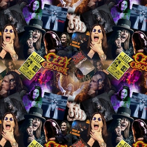 May include: A collage of images featuring Ozzy Osbourne, a British heavy metal singer. The collage includes album covers, concert posters, and photographs of Osbourne performing. The images are in various colors and styles, creating a chaotic and energetic visual.