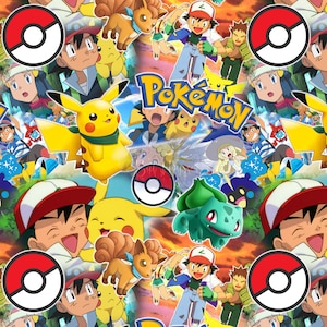 May include: A colorful collage featuring characters and symbols from the Pokemon franchise. The image includes Pikachu, Bulbasaur, and other Pokemon, as well as the iconic Pokeball. The word "Pokemon" is prominently displayed in the center of the image.