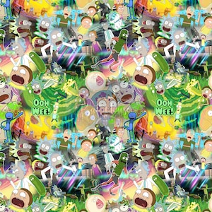 Puede incluir: Un patrón colorido y caótico con varios personajes de la serie animada Rick y Morty. El patrón incluye a Rick Sanchez, Morty Smith y otros personajes de la serie, como Mr. Meeseeks, Summer Smith y Jerry Smith. El patrón está sobre un fondo de colores verde, amarillo y azul.