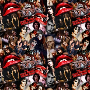May include: A colorful collage featuring characters and scenes from the cult classic film "The Rocky Horror Picture Show". The image is a repeating pattern of various characters, including Dr. Frank-N-Furter, Brad Majors, Janet Weiss, and Riff Raff. The image also includes iconic props from the film, such as the lips and the "The Rocky Horror Picture Show" title card.
