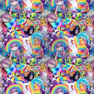Op de afbeelding: Een kleurrijk, psychedelisch patroon met een regenboog, een witte zwaan, een blauw-witte panda, een groene alien die een auto bestuurt, een tijger, een vlinder en een paars-witte kat. De achtergrond is een glinsterende sterrenhemel.