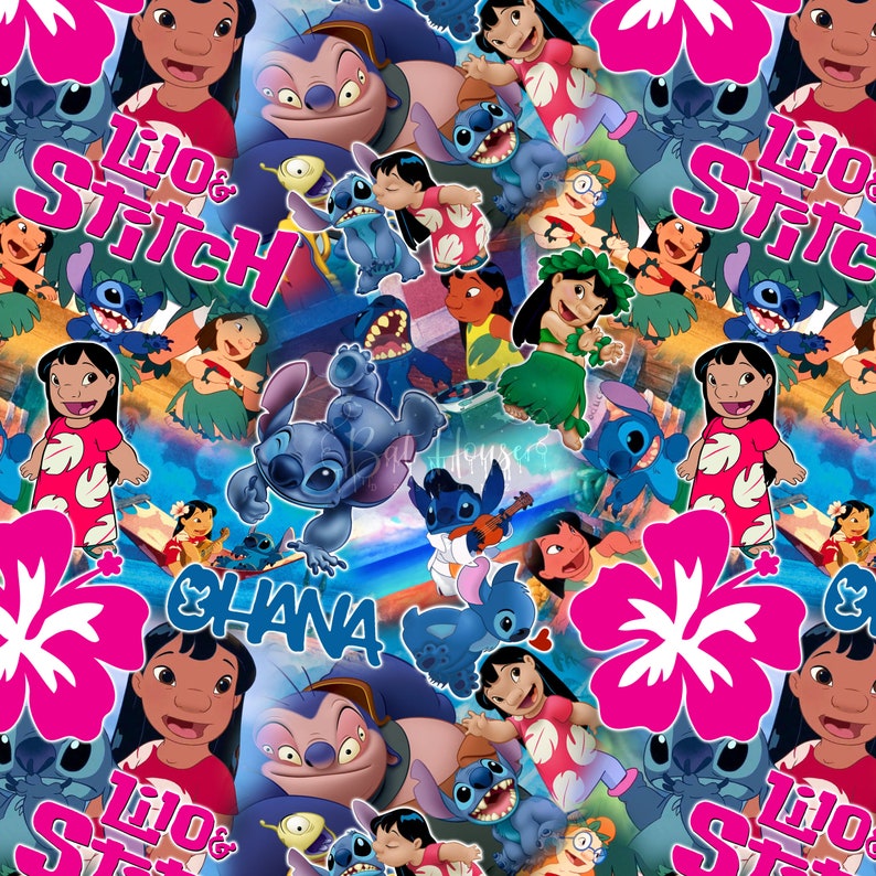 May include: A colorful, cartoon-style fabric featuring various characters from the Disney movie Lilo & Stitch. The fabric includes Stitch, Lilo, and other characters from the movie, as well as the phrase "Lilo & Stitch" and the word "Ohana".
