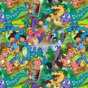 May include: A vibrant pattern showcasing characters and imagery from the animated series "Dragon Tales." The design includes dragons in blue, pink, green, and purple, alongside children and the show's logo.