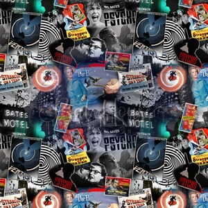 May include: A collage of movie posters and scenes from classic Alfred Hitchcock films, including Psycho, Vertigo, Rear Window, Strangers on a Train, and The Birds. The posters are in black, white, and red, and feature iconic images from the films.