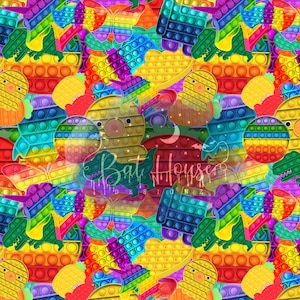 May include: A colorful seamless pattern featuring various shapes and designs made from a popular fidget toy, the pop it. The pattern includes butterflies, dinosaurs, hearts, and other shapes in a rainbow of colors.