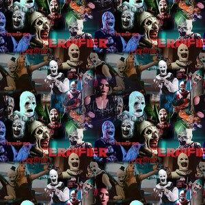 May include: A collage of images featuring a clown with a white mask and red hair, the text "Terrifier", and a woman with dark hair. The images are in a variety of colors and styles, and they are arranged in a chaotic and unsettling way.