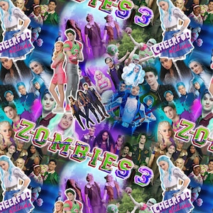 Peut inclure: Un collage coloré mettant en scène des personnages du film "Zombies 3". L'image présente une variété de personnages, dont des zombies, des pom-pom girls et des humains. Le texte "Zombies 3" est affiché en évidence au centre de l'image.