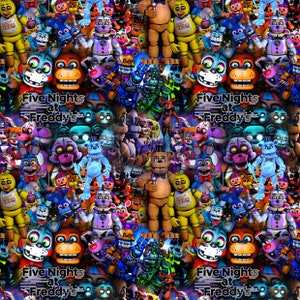 Pode incluir: Um padrão repetitivo colorido com vários personagens da franquia de videogames Five Nights at Freddy's. Os personagens são representados em uma variedade de poses e expressões, alguns segurando microfones ou outros acessórios. O fundo é azul escuro com estrelas.