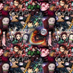 Puede incluir: Un collage colorido de personajes de la serie de anime Demon Slayer. Los personajes se representan en varias poses, incluyendo luchando, sonriendo y con aspecto serio. El fondo es una mezcla de rojo, negro y blanco, con un gran sol rojo en el centro. El texto "Demon Slayer" está escrito en letras blancas sobre fondo negro.