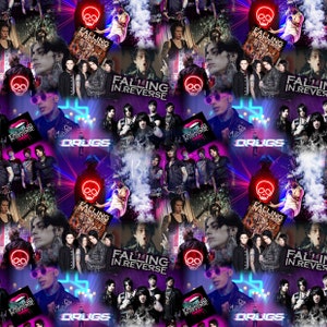 May include: A collage of images featuring the band Falling in Reverse. The band's name is repeated throughout the image, along with the words "Drugs" and "00". The images are in a variety of colours, including pink, purple, blue, and black.