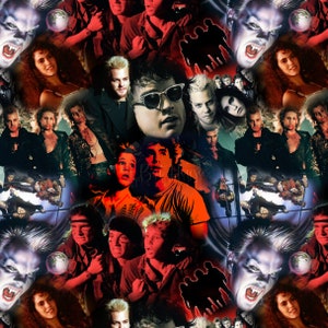 Op de afbeelding: Een kleurrijke collage van afbeeldingen met personages uit de film 'The Lost Boys'. De collage bevat close-ups van de hoofdpersonen, waaronder een vampier met tanden, een groep jonge mannen en een scène uit de film.