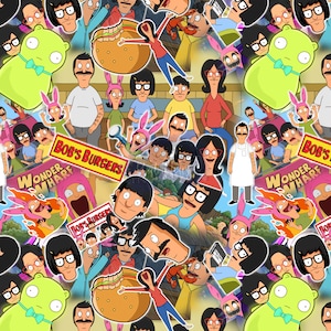 May include: A colorful and chaotic pattern featuring characters from the animated TV show Bob's Burgers. The pattern includes the show's main characters, including Bob, Linda, Tina, Gene, and Louise, as well as various other characters and objects from the show. The pattern is set against a white background and features a variety of colors, including red, blue, green, yellow, and purple.