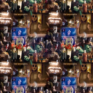 May include: A collage of images from the horror film "The Strangers". The collage features the masked killers from the film, as well as scenes from the movie. The text "The Strangers" appears multiple times in the collage.