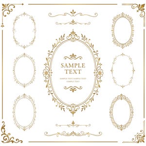 May include: A collection of gold-colored decorative oval frames and ornate flourishes on a white background. The central frame contains the text "SAMPLE TEXT" followed by smaller lines of "SAMPLE TEXT SAMPLE TEXT SAMPLE TEXT".