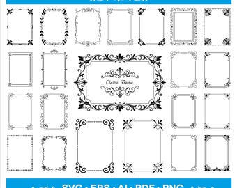 May include: A collection of black and white decorative frame designs in various shapes and styles. The frames include ornate floral and scrollwork details, with a central frame labeled "Classic Frame". The image also includes the text "SVG • EPS • AI • PDF • PNG".