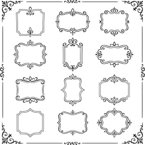 May include: A set of twelve black and white ornate frames in different shapes. Each frame has detailed scrollwork and decorative flourishes, suitable for vintage or elegant designs. Measurements are in cm.