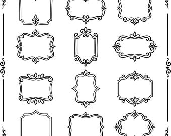 May include: A collection of twelve ornate, black and white frames in various shapes and sizes. Each frame features intricate scrollwork and decorative flourishes, perfect for vintage or elegant designs.