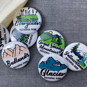 National Park Pinback Button road trip pin for vacation backpack pin for hiking Keychain with USA Landmark adventure button made in the USA