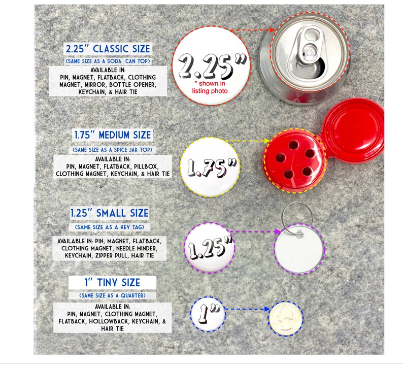 Puede incluir: Cuatro insignias redondas en blanco de diferentes tama&ntilde;os, 2,25 pulgadas, 1,75 pulgadas, 1,25 pulgadas y 1 pulgada de di&aacute;metro. El texto "shown in listing photo" est&aacute; al lado de la insignia de 2,25 pulgadas. La insignia de 2,25 pulgadas se muestra encima de una lata de refresco. La insignia de 1,75 pulgadas se muestra encima de una caja de p&iacute;ldoras roja. La insignia de 1,25 pulgadas se muestra encima de un llavero. La insignia de 1 pulgada se muestra encima de una moneda de un cuarto de d&oacute;lar estadounidense.