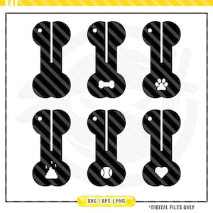 May include: Six black and white striped dog bone SVG cut files. Each bone has a different icon in the centre: a bone, a paw print, poop, a tennis ball, a heart, and a bone.
