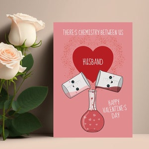 Tarjeta divertida del día de San Valentín para él o ella, hay química entre nosotros, linda tarjeta de felicitación científica para esposo, esposa, novio, novia