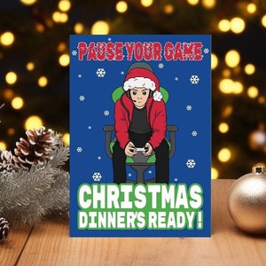Tarjeta de Navidad para jugadores - Pausa tu juego - Tarjeta navideña de videojuegos divertidos - Tarjeta de Navidad grande tamaño A5 - Tarjeta de Feliz Navidad