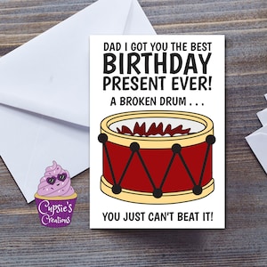 Tarjeta divertida de feliz cumpleaños para papá, broma de tambor roto para padre, tarjeta de chistes de papá malo, tarjeta de cumpleaños de juego de palabras, mordaza de papá, tarjetas hilarantes, tamaño grande A5