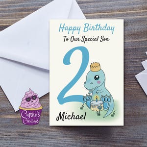 Tarjeta de cumpleaños infantil personalizada: linda hada con tema de dinosaurio azul o dinosaurio rosa: tarjeta de cumpleaños para niño o niña