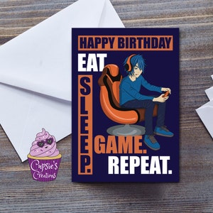 Eat Sleep Game Repetir Gamer Boy Tarjeta de Cumpleaños - Anime Manga Tarjeta de Cumpleaños - Tarjeta de Videojuego - Regalo de Jugador - Videojuegos de Feliz Cumpleaños