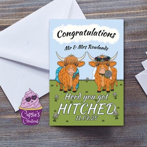 Carte de mariage vache Highland, troupeau que vous avez accroché - grande carte A5 personnalisée félicitations drôle