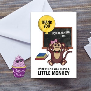 Carte de remerciement personnalisée pour professeur, carte de remerciement pour professeur, merci de m'avoir appris même quand j'étais un petit singe, un garçon ou une fille