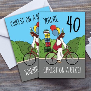 Carte d'anniversaire Le Christ à vélo, carte de Jésus-Christ drôle, âge important 30, 40, 50, 60 ans, vélo poussette, grande carte de voeux A5