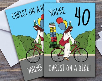 Christ On A Bike Birthday Card, Funny Jesus Christ Card, Milestone Age 30th, 40th, 50th, 60th, Cycling Push Bike, Large A5 Greeting Card