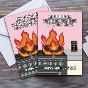 Tarjeta divertida para el día de la madre, ¿qué significa esta luz en mi encimera? Tarjeta de felicitación de ayuda de cocina humorística para mamá de hijo o hija
